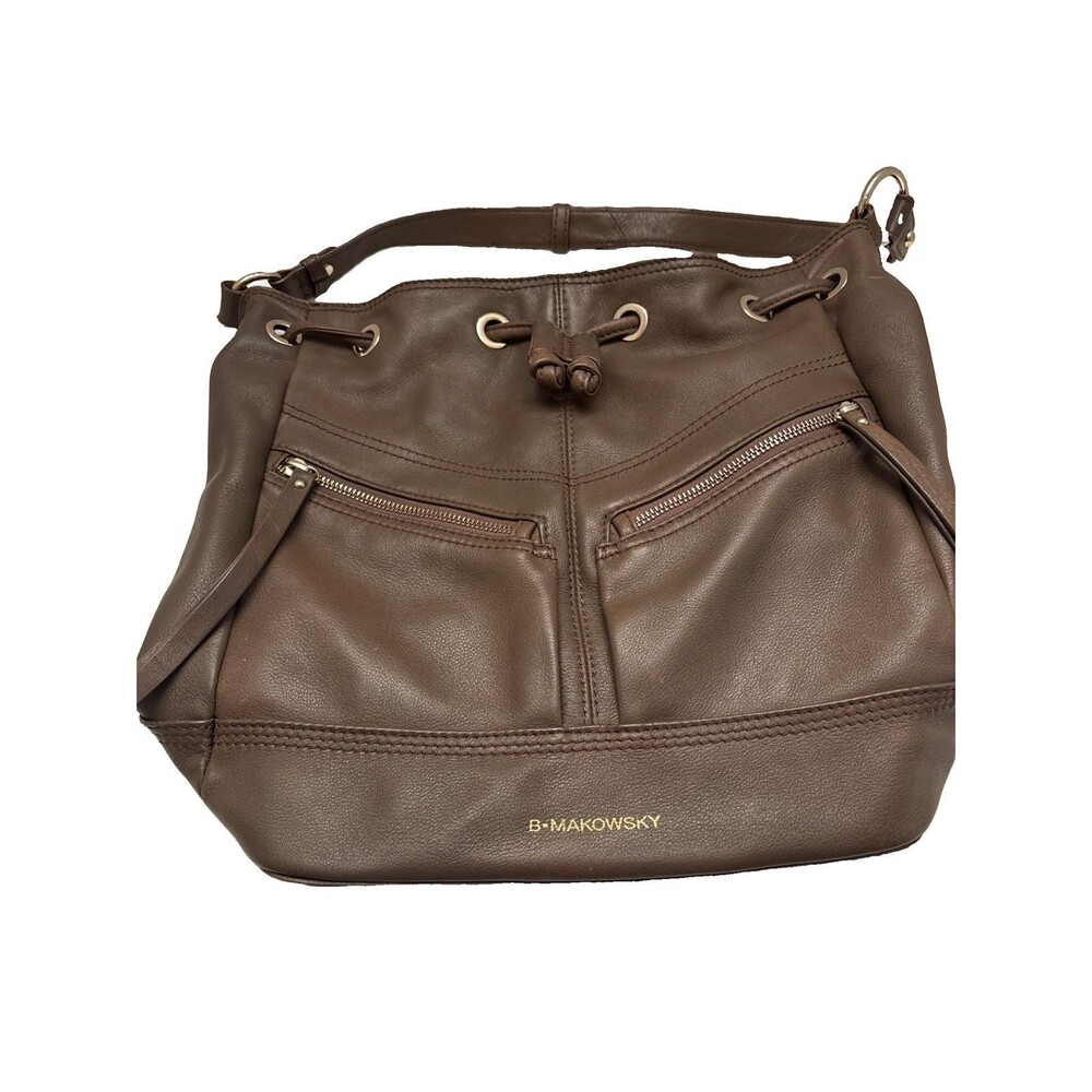 B Makowsky Soft Grey Leather Shoulder Bag with Gold Hardware Classic
